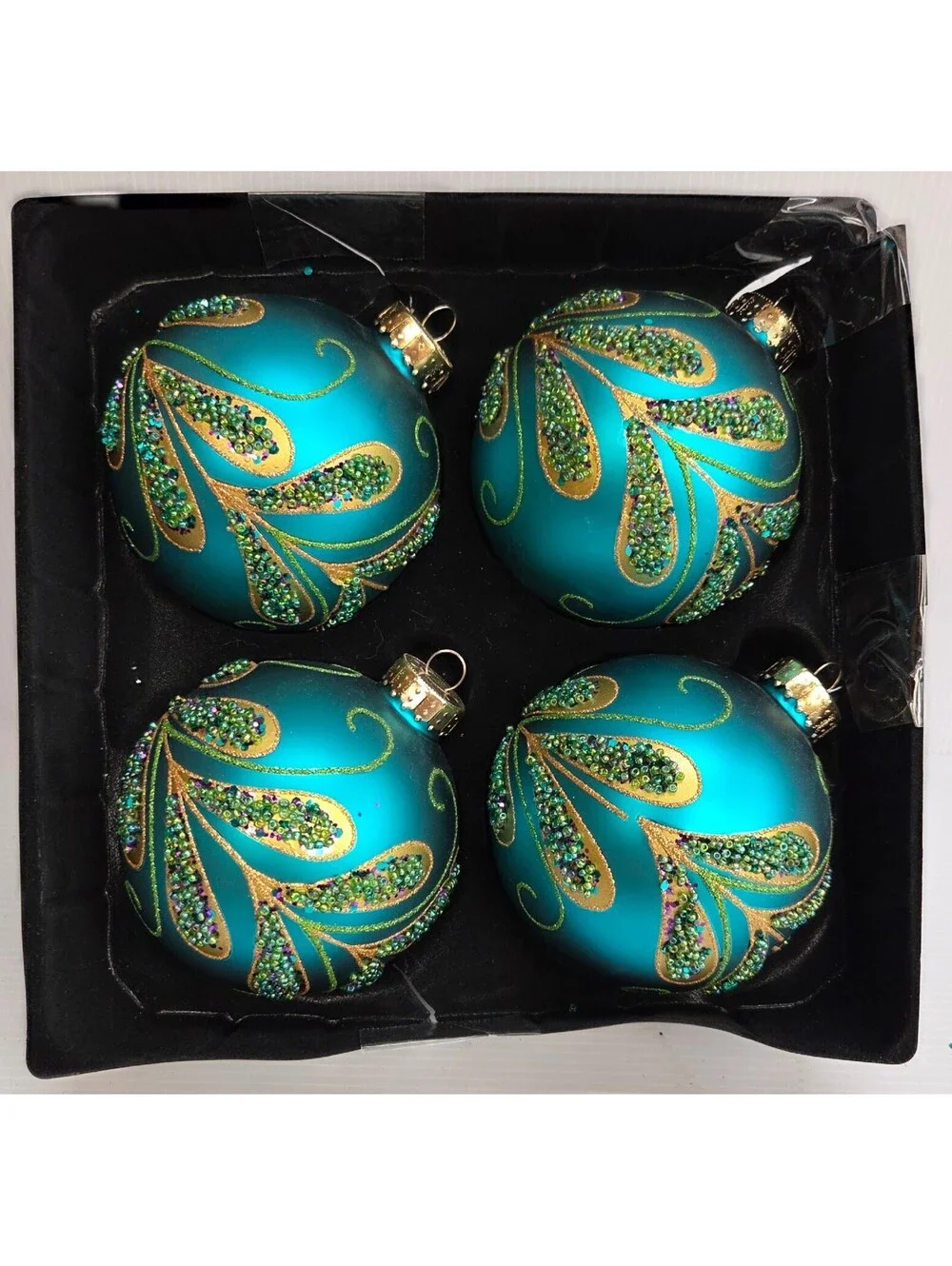 Set of 4 Teal Glass Christmas Ball Ornaments Gold Glitter Swirl Beaded 3.25
